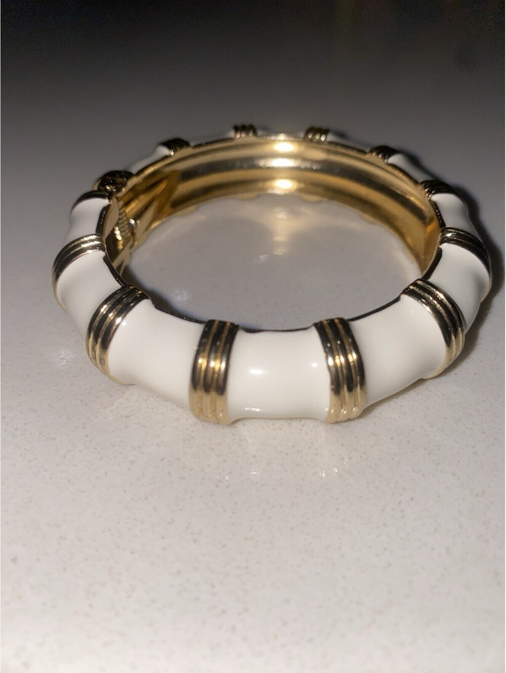 White enamel cuff bracelet gold tone clamp J Crew bracelet  (B173) 3inch Wide